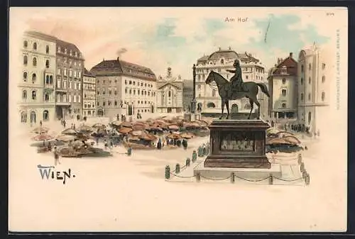 Lithographie Wien, Am Hof, Marktleben vor dem Radetzky-Denkmal