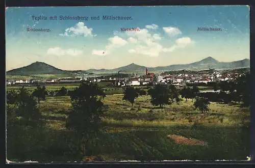 AK Teplitz Schönau-Teplice, Panorama mit Schlossberg, Milleschauer