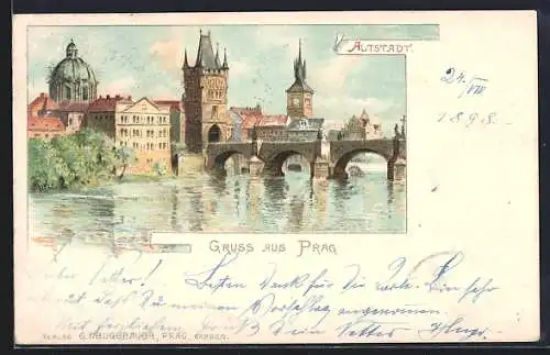 Lithographie Prag / Praha, Blick auf Karlsbrücke und Altstadt, Karluv most