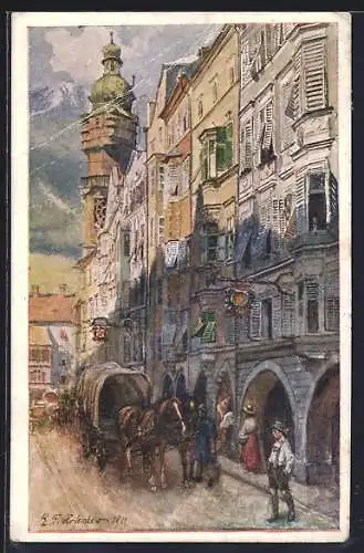 Künstler-AK E.F. Hofecker: Innsbruck, Herzog Friedrich-Strasse, Pferdegespann