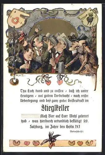 Künstler-AK Hubert von Zwickle: Salzburg, Gasthaus Stieglkeller, Herren mit Bierkrügen und Affen