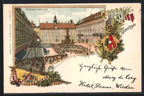 Lithographie Wien, Franzensplatz, Fahnenübergabe, Wachablösung, Wappen