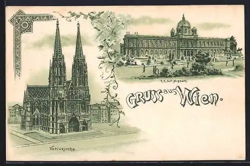 Lithographie Wien, Blick auf die Votivkirche, K. und k. Hof-Museum