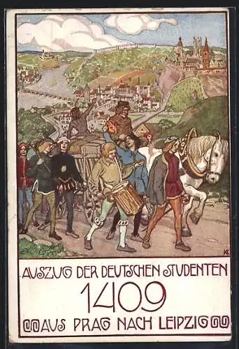 AK Prag, Auszug der deutschen Studenten 1409 aus Prag nach Leipzig, studentische Szene