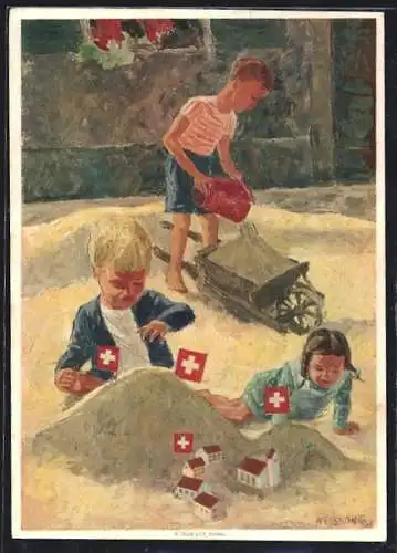 Künstler-AK Schweizer Rotes Kreuz, Kleine Kinder spielen im Buddelkasten, Bundesfeier 1937