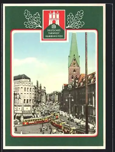 AK Hamburg, Deutsches Turnfest 1953, Geschäftsstrasse mit Strassenbahnen