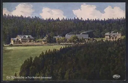AK Gehlberg, Gasthaus zur Schmücke, mit Schneekopf, Blick vom Sachsenstein