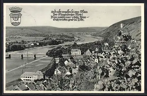 AK Klingenberg /Main, Ortsansicht mit Mainbrücke aus der Vogelschau, Wappen