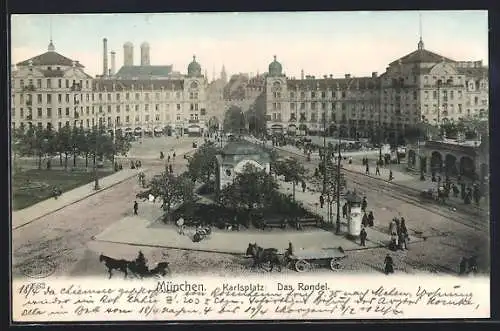 AK München, Rondel am Karlsplatz, Litfasssäule, Pferdefuhrwerke