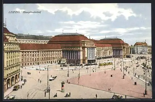 AK Leipzig, Hauptbahnhof, Blick über den Bahnhofsplatz mit Strassenbahn und Litfasssäule