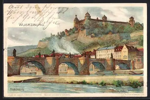 Künstler-AK K. Mutter: Würzburg, Mainbrücke mit Marienberg