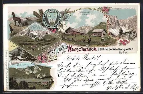 Lithographie Schutzhaus Warscheneck /Windischgarsten, Wurzeralm, Gleinker See und Wappen