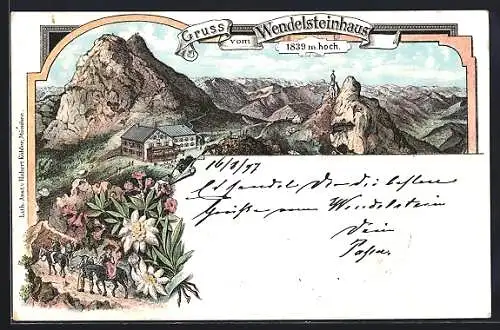 Lithographie Wendelsteinhaus, Berghütte mit Kapelle und Bergsteigern