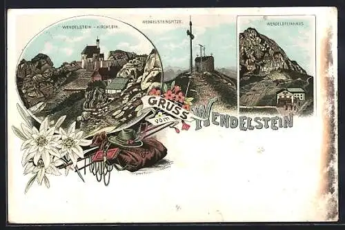 Lithographie Wendelstein, Wendelsteinhaus, Wendelstein-Kirchlein, Wendelsteinspitze