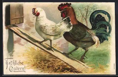 Lithographie Hahn und Henne auf der Hühnerleiter, Fröhliche Ostern