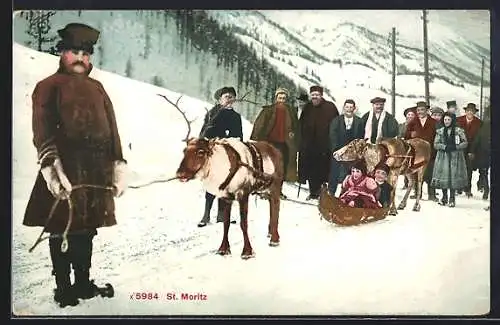 Künstler-AK St. Moritz, Personengruppe mit Rentierschlitten