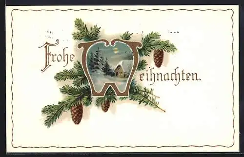 AK Frohe Weihnachten, Verschneites Dorf im Tannenzweig-Passepartout