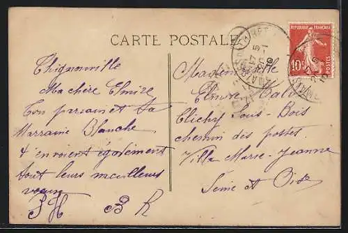 AK Namenstag Blanche, Junge Frau mit Schriftzug aus Blumen