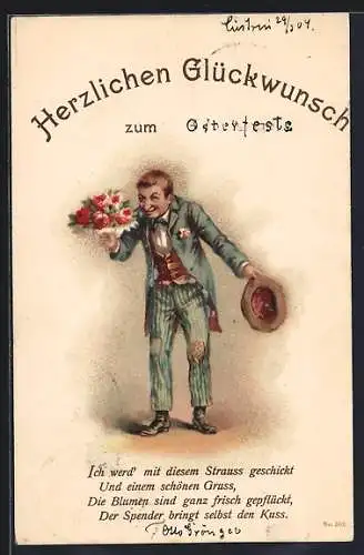 AK Herr gratuliert mit einem Rosenstrauss, Ich werd mit diesem Strauss geschickt...