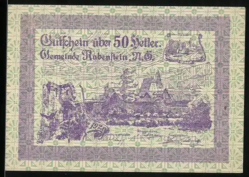 Notgeld Rabenstein 1920, 50 Heller, Stadtansicht und Burg, Wappen