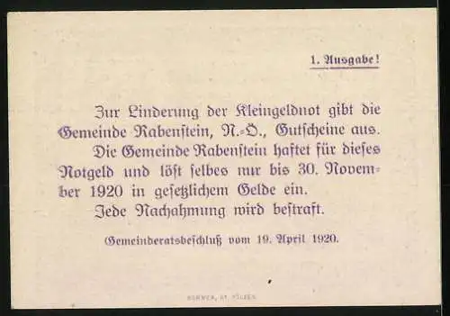 Notgeld Rabenstein 1920, 50 Heller, Stadtansicht und Burg, Wappen