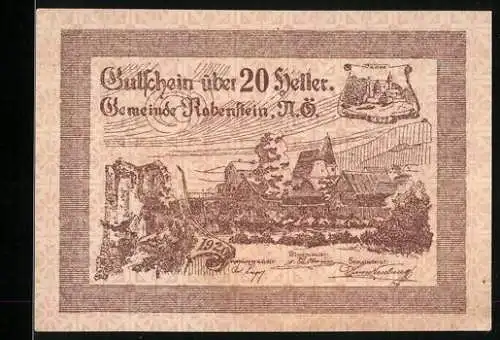 Notgeld Rabenstein 1920, 20 Heller, Dorfansicht mit Ruinen und Wappen, Hinweis zur Gültigkeit auf Rückseite