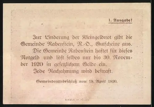 Notgeld Rabenstein 1920, 20 Heller, Dorfansicht mit Ruinen und Wappen, Hinweis zur Gültigkeit auf Rückseite