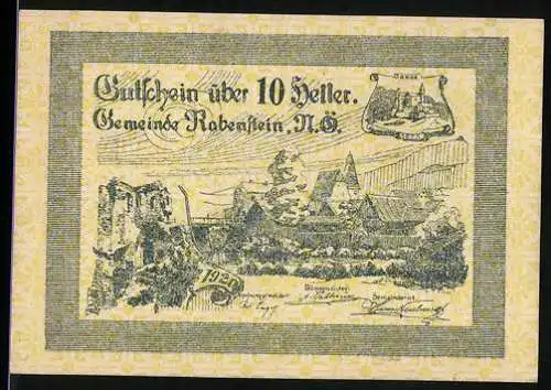 Notgeld Rabenstein 1920, 10 Heller, Burgruine und Dorfansicht mit Wappen der Gemeinde