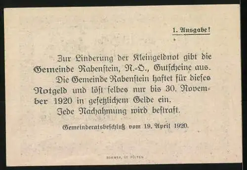 Notgeld Rabenstein 1920, 10 Heller, Burgruine und Dorfansicht mit Wappen der Gemeinde