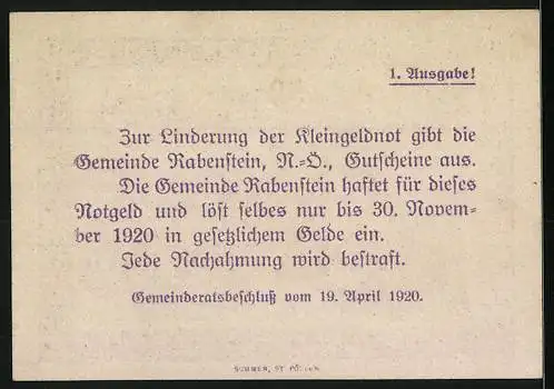 Notgeld Rabenstein 1920, 50 Heller, Stadtansicht, 1. Ausgabe