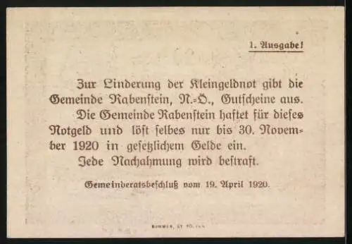 Notgeld Rabenstein 1920, 20 Heller, Ortsansicht und Landschaftsmotiv, 1. Ausgabe, Gemeinderatsbeschluss 19. April 1920