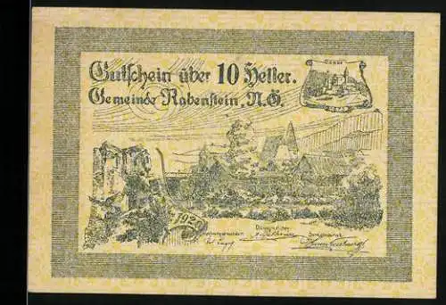 Notgeld Rabenstein 1920, 10 Heller, Ortsansicht und Landschaft, Wappen oben rechts