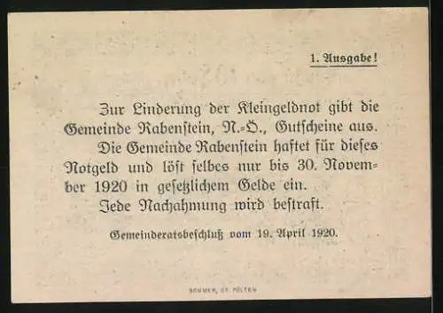 Notgeld Rabenstein 1920, 10 Heller, Ortsansicht und Landschaft, Wappen oben rechts