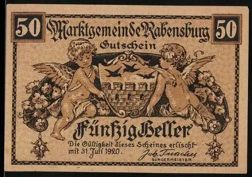 Notgeld Rabensburg 1920, 50 Heller, Engel und Wappenmotiv mit Schriftzug Marktgemeinde Rabensburg Gutschein