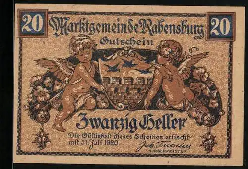 Notgeld Rabensburg 1920, 20 Heller, zwei Engel mit Wappen und Blumenornamenten