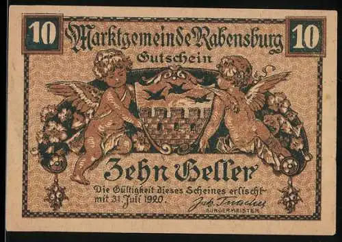 Notgeld Rabensburg 1920, 10 Heller, Engel mit Wappen und floralen Motiven