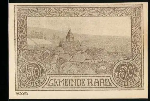 Notgeld Raab 1920, 50 Pfennig, Stadtansicht mit Kirche und dekorativem Rahmenmuster