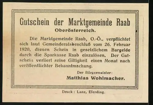 Notgeld Raab 1920, 50 Pfennig, Stadtansicht mit Kirche und dekorativem Rahmenmuster