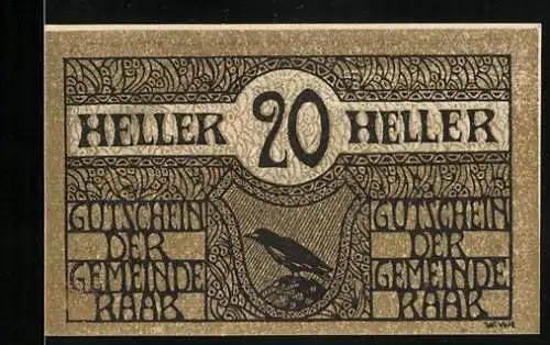 Notgeld Raab 1920, 20 Heller, Rabenvogel-Motiv, Gutschein der Marktgemeinde