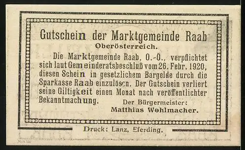 Notgeld Raab 1920, 20 Heller, Rabenvogel-Motiv, Gutschein der Marktgemeinde