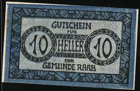 Notgeld Raab 1920, 10 Heller, Gutschein der Marktgemeinde mit Ornamentmuster