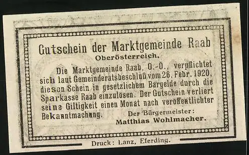 Notgeld Raab 1920, 10 Heller, Gutschein der Marktgemeinde mit Ornamentmuster