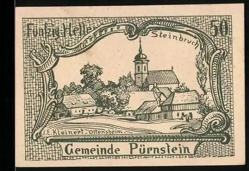 Notgeld Pürnstein 1920, 50 Heller, Dorflandschaft mit Kirche und Häusern, Ausgabeankündigungstext