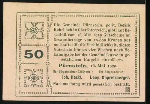 Notgeld Pürnstein 1920, 50 Heller, Dorflandschaft mit Kirche und Häusern, Ausgabeankündigungstext