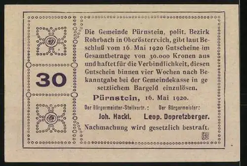 Notgeld Pürnstein 1920, 30 Heller, Schloss Pürnstein, Amtsvermerk und gesetzliche Hinweise