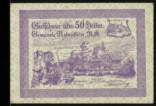 Notgeld Rabenstein 1920, 50 Heller, Landschaftsmotiv mit Ortsansicht und Wappen, 1. Ausgabe