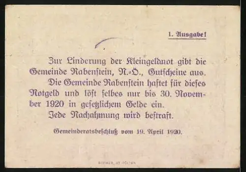 Notgeld Rabenstein 1920, 50 Heller, Landschaftsmotiv mit Ortsansicht und Wappen, 1. Ausgabe