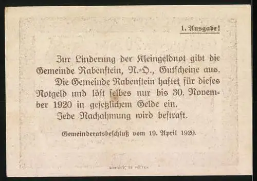 Notgeld Rabenstein 1920, 20 Heller, Ortsansicht und Landschaftsmotiv, 1. Ausgabe