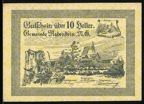 Notgeld Rabenstein 1920, 10 Heller, Dorflandschaft mit Ruine und Wappen, 1. Ausgabe, Gemeinderatsbeschluss 1920