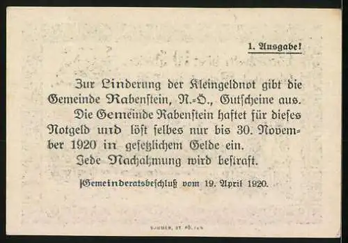 Notgeld Rabenstein 1920, 10 Heller, Dorflandschaft mit Ruine und Wappen, 1. Ausgabe, Gemeinderatsbeschluss 1920